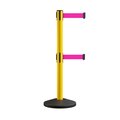 Montour Line Retractable Dbl Belt Rolling Stanchion, 2.5in YW Post  9' Fl.Pnk Belt MS630D-YW-FPK-90